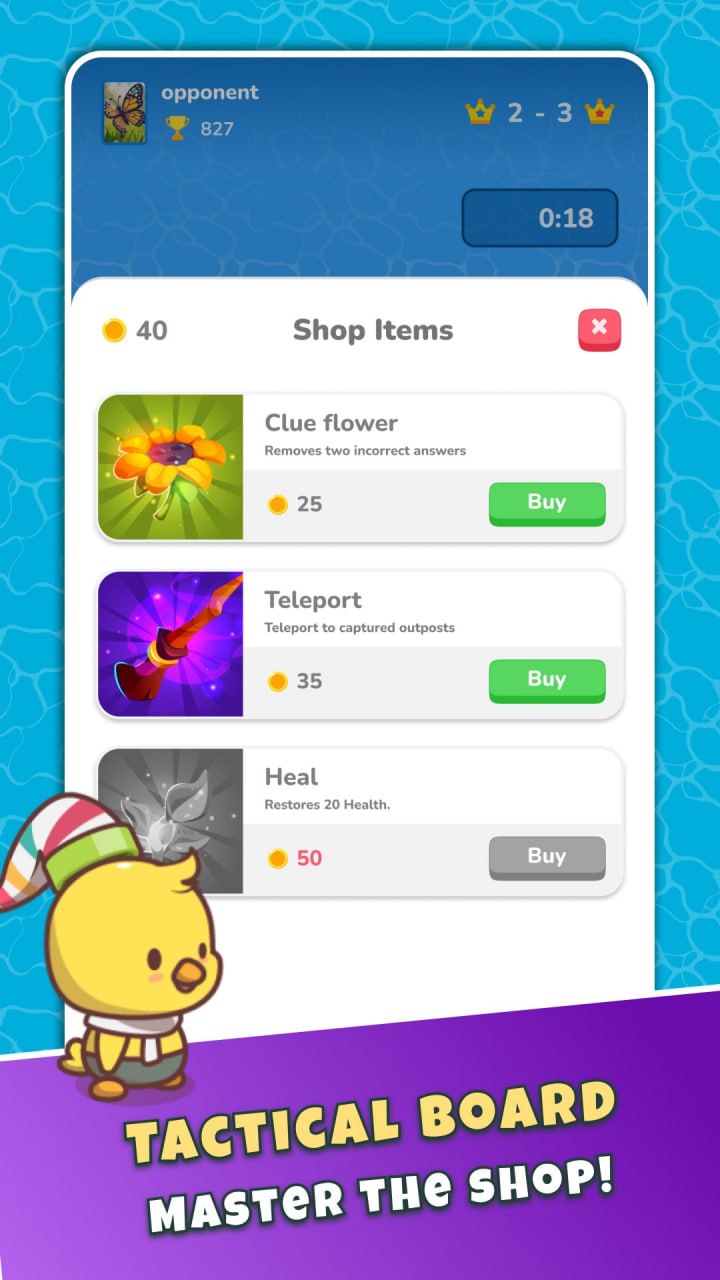 In-game battle board screenshot showing a quiz question popup and player avatars